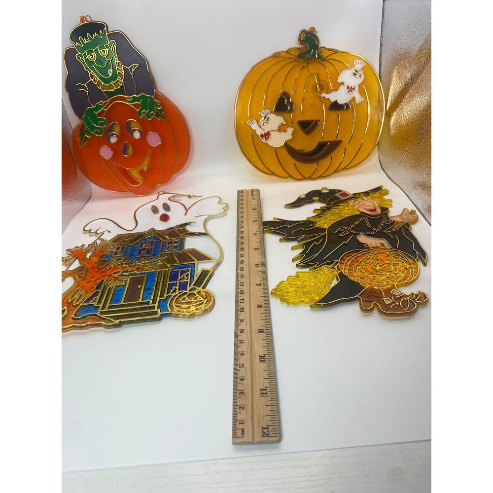 Vintage Halloween Suncatchers Set Witch Ghost Haunted House Pumpkin Decor 4pc - Picture 3 of 7